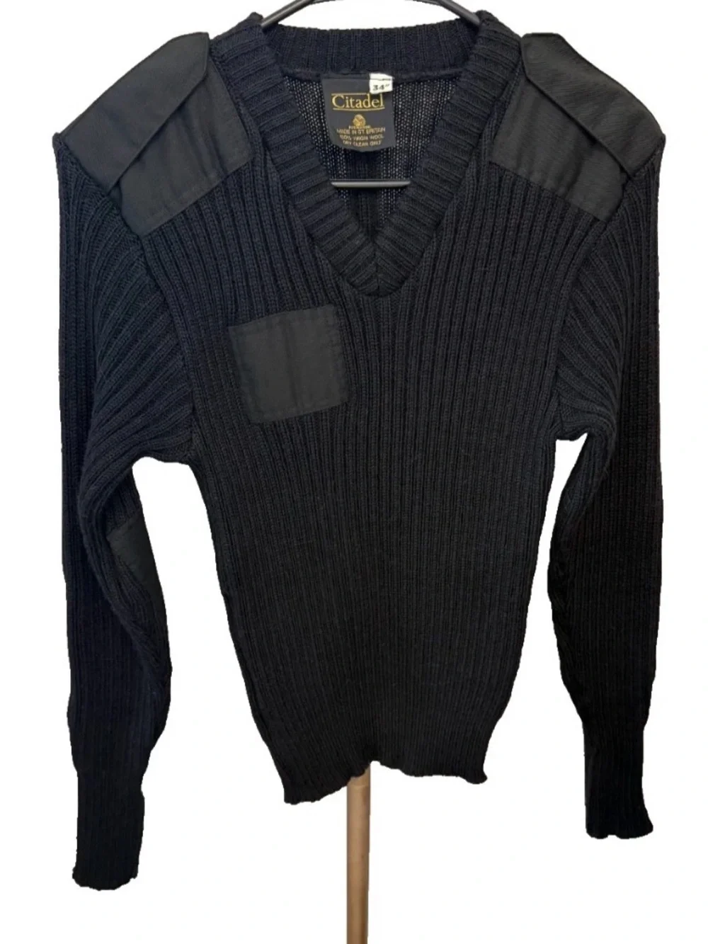VTG Citadel Black Military V-Neck Sweater (Wooly Pully) Men’s Medium Epaulets